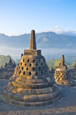 Sunrise Borobudur Temple Stupa in Yogyakarta, Java, Indonesia.の写真素材