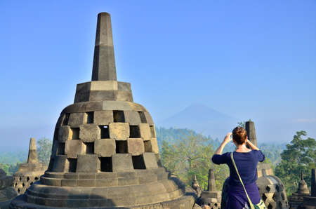 Sunrise Borobudur Temple Stupa in Yogyakarta, Java, Indonesia.の写真素材