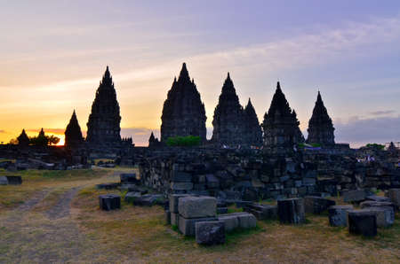 sunset view on the Prombanan complex in Yogjakarta in Java, Indonesiaの写真素材