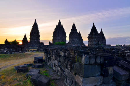 sunset view on the Prombanan complex in Yogjakarta in Java, Indonesiaの写真素材