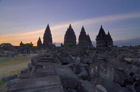 sunset view on the Prombanan complex in Yogjakarta in Java, Indonesiaの写真素材