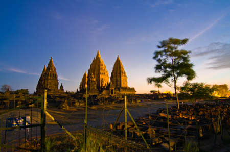 sunset view on the Prombanan complex in Yogjakarta in Java, Indonesiaの写真素材