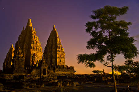sunset view on the Prombanan complex in Yogjakarta in Java, Indonesiaの写真素材