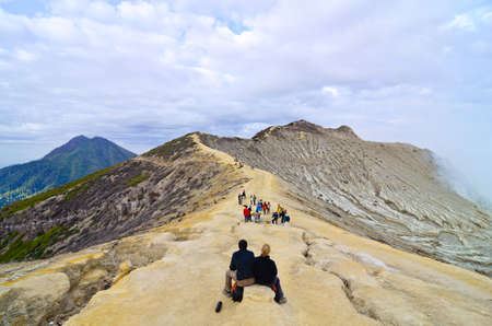 Extracting sulphur inside Kawah Ijen crater, Indonesiaの写真素材