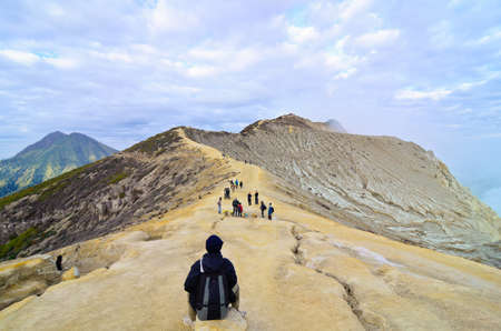 Extracting sulphur inside Kawah Ijen crater, Indonesiaの写真素材
