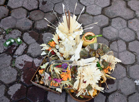 Hindu Daily Offering In Ubud, Bali, Indonesiaの写真素材