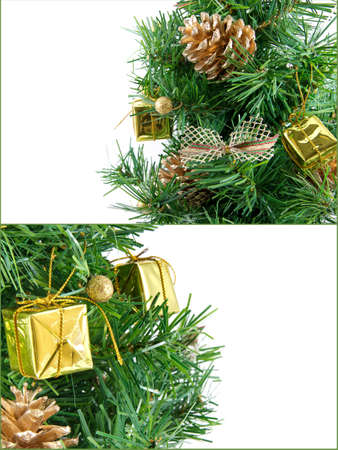 Golden decorated christmas tree with many presents and isolated on whiteの写真素材