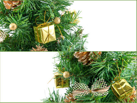 Golden decorated christmas tree with many presents and isolated on whiteの写真素材