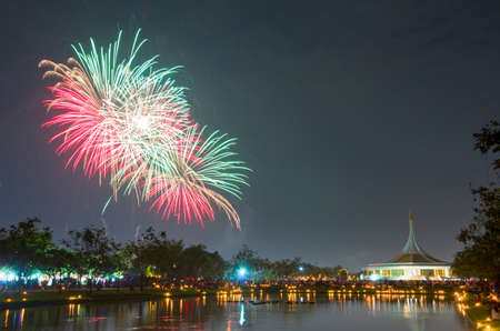 BANGKOK, THAILAND - DEC 5, Fireworks at Suan Luang Rama IX ,5 December 2013.People gathering here at to see firework and celebrate His Majesty the King's birthday.のeditorial素材