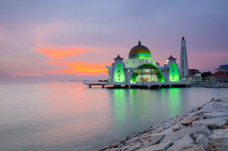 Malacca Straits Mosque (Masjid Selat Melaka) is a mosque located on Malacca Island near Malacca Town in Malacca state, Malaysia.Scenery during sunsetの写真素材