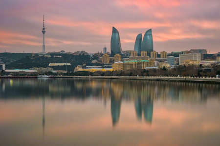 Panorama of seaside boulevard in Baku Azerbaijanのeditorial素材