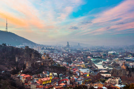 Evening view of Tbilisi with Narikala Fortress, Georgiaのeditorial素材
