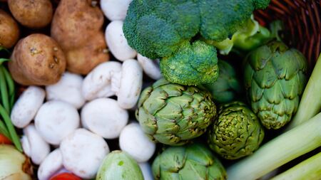 Basket of organic vegetables harvested from a totally organic gardenの写真素材