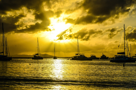 Sailboats at anchor in British Virgin Islands Harborの写真素材