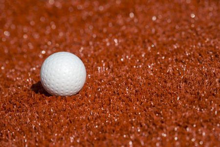 White ball for playing field hockey on the red grass backgroundの写真素材