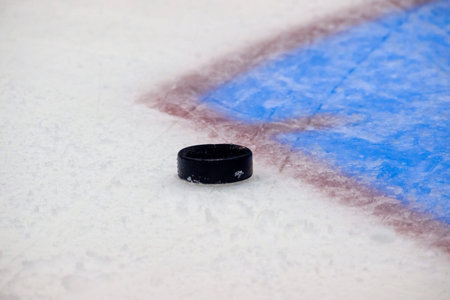 Red goal line on ice hockey rink. Winter sportの写真素材