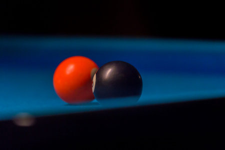 Billiard balls on pool blue table - sport backgroundの写真素材