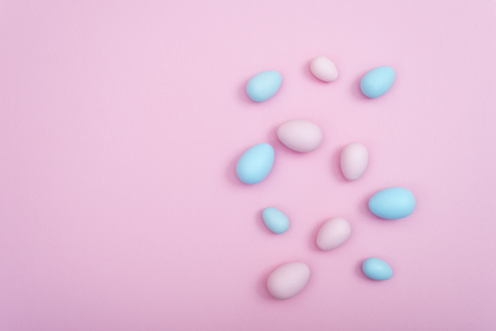 Spreaded Easter eggs on pink backgroundの写真素材