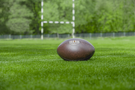 American football, rugby ball on green grass field backgroundの写真素材