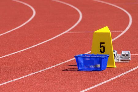 Athletic stadium with running-tracks and start blocksの写真素材