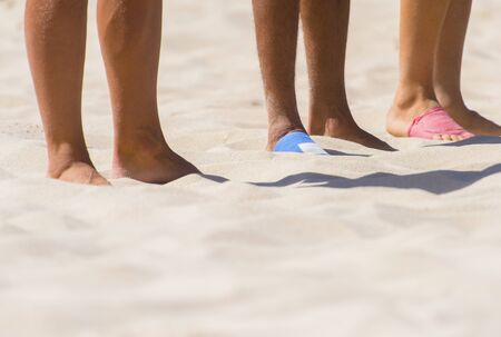 Beach soccer team before the match. Training and football  tournament. Sports teams competition.の写真素材