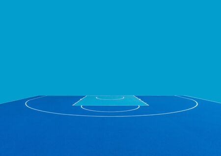 Abstract, blue background of newly made outdoor basketball court. Visible asphalt texture, freshly painted linesの写真素材