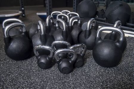 Close-up kettlebell sports equipment weight on the floorの写真素材