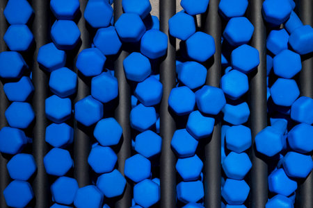 A lot of blue dumbbell on stand. A lot of very dumbbell for doing exercises in the gym for women...