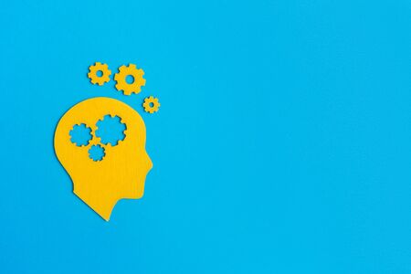 Brain works concept. Thinking, creativity concept of the human head with gears on blue backgroundの写真素材