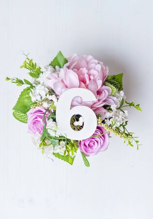 Layout with colorful flowers, leaves and nine . Flat lay. Top viewの写真素材