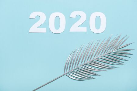 Number 2020 and silver Tropical palm leaves on a blue pastel backgroundの写真素材