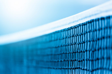 Tennis net and blue court. Individual sport. Blue filter