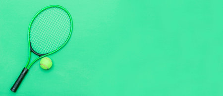 Top view of tennis racket and ball of green background. Horizontal sport poster, greeting cards, headers, websiteの写真素材
