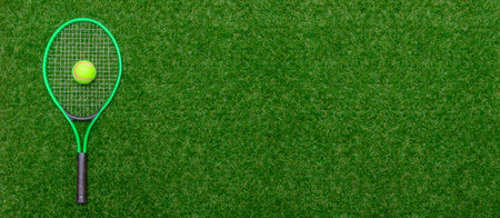 Top view of tennis racket and ball of green grass. Horizontal sport poster, greeting cards, headers,...