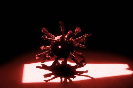 Abstract Virus Strain Model On black Background. Corona virus quarantine. Virus Pandemic Protection Concept. Red filterの写真素材