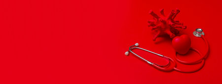 Abstract Virus Strain Model, Heart And Stethoscope On red Background. Corona virus quarantine. Virus...
