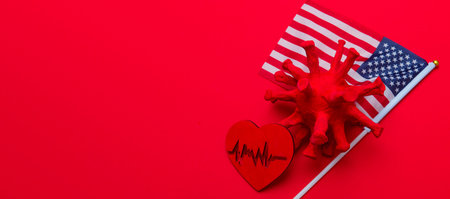 Abstract Virus Strain Model, American flag, Heart shape  On red Background. Corona virus quarantine....