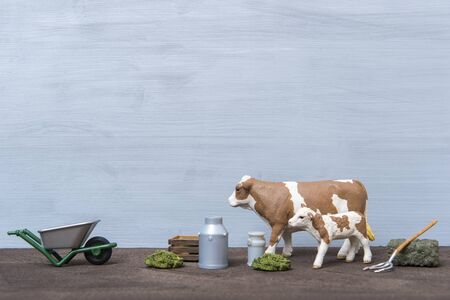 Group of realistic figures of farm standing on brown floor. Agriculture concept.の写真素材