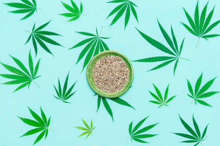 Green cannabis leaf and seeds on plate on mint color background. Vegetarian healthy foodの写真素材