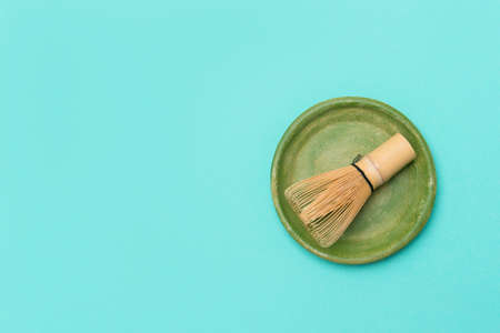 Bamboo chesen on mint color marble background. Japanese tea ceremony conceptの写真素材