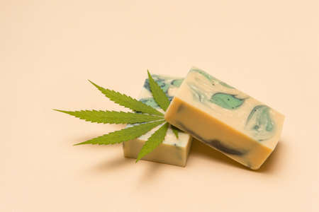 Homemade hemp soap and green leaf of marijuana. Spa organic soap. Organic skincare product with medicinal CBD. Zero waste conceptの写真素材