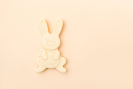 Cream color rabbit shaped soap.Hand made soap bars on camel color background, top view. Space for...