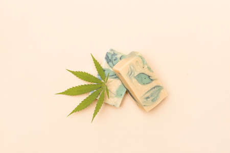 Homemade hemp soap and green leaf of marijuana. Spa organic soap. Organic skincare product with medicinal CBD. Zero waste conceptの写真素材