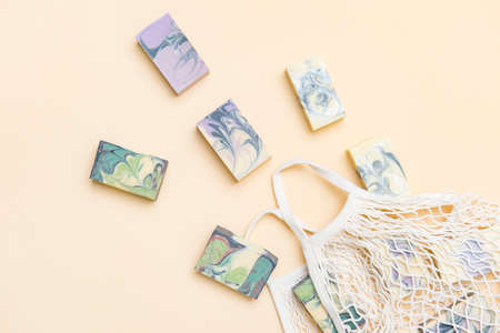 String bag or mesh bag with natural hand made soap. Zero waste, eco friendly cosmetics concept.の写真素材