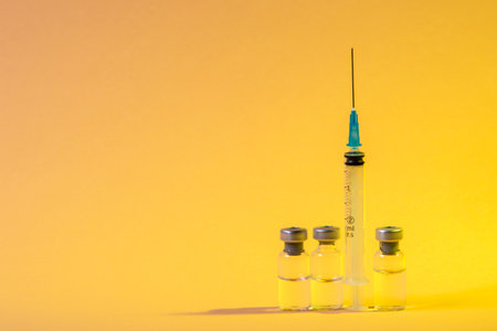 Close-up medical syringe with a vaccine. Vaccination and healtcare concept.の写真素材