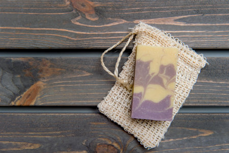 Handmade soap on wooden table  background. Zero waste concept.の写真素材