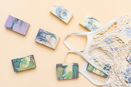 String bag or mesh bag with natural hand made soap. Zero waste, eco friendly cosmetics concept.の写真素材