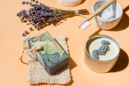 Top view of different hygiene and care items on cream color background, zero waste conceptの写真素材