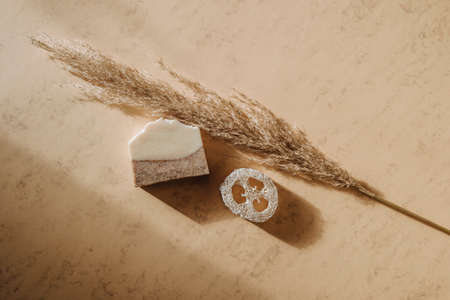 Handmade soap and pampas grass. Sunshade shadow on beige background. Zero waste, eco friendly cosmetics concept. Vintage color filterの写真素材