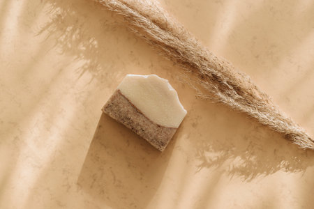 Handmade soap and pampas grass. Sunshade shadow on beige background. Zero waste, eco friendly cosmetics concept. Vintage color filterの写真素材